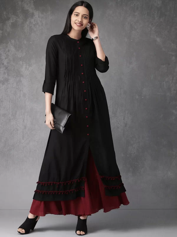 Black Long Kurti with Buttons and Tassel Lace
