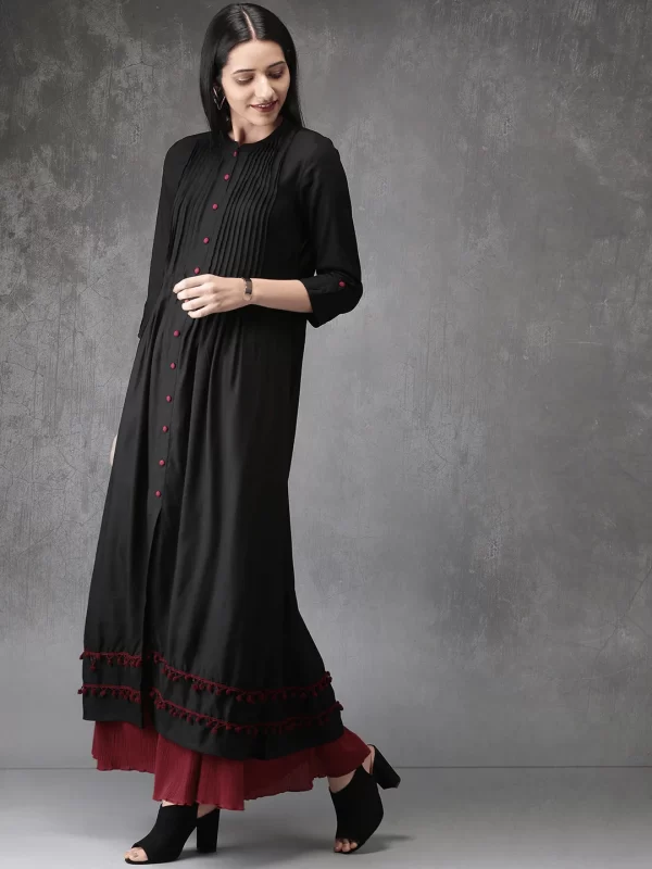 Black Long Kurti with Buttons and Tassel Lace